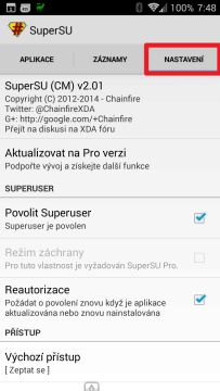 V SuperSU přejděte do Nastavení