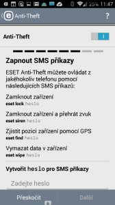 Zapnutí ovládání přes SMS příkazy