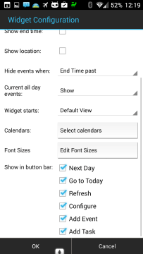 Možnosti nastavení widgetu aplikace Business Calendar