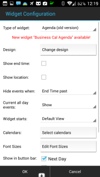 Možnosti nastavení widgetu aplikace Business Calendar