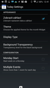 Nastavení widgetu Today Calendar