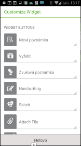 Konfigurace tlačítek Nastavení Evernote Widget