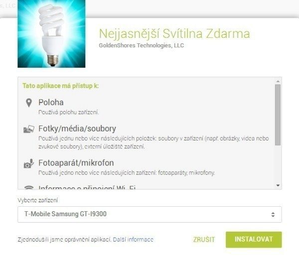 Požadovaná oprávnění je nutné potvrdit před instalací