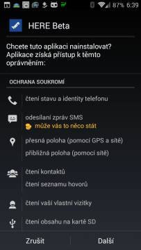 Oprávnění aplikace Nokia HERE