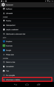 Sekce Informace o telefonu/tabletu