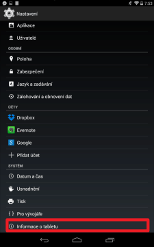 Sekce Informace o telefonu/tabletu