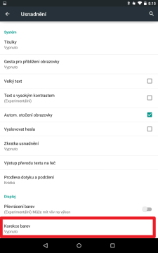 Sekce Korekce barev