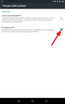 Přepněte na režim Fotoaparát (PTP)