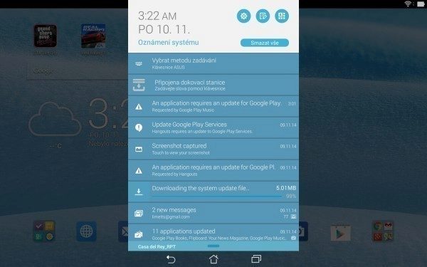 Asus Transformer Pad - notifikační lišta