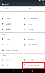 Otevřete sekci Systém-Informace o tabletu