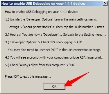 Potvrďte dialog o režimu ladění USB stiskem OK