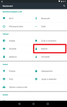 Přejděte do sekce Baterie
