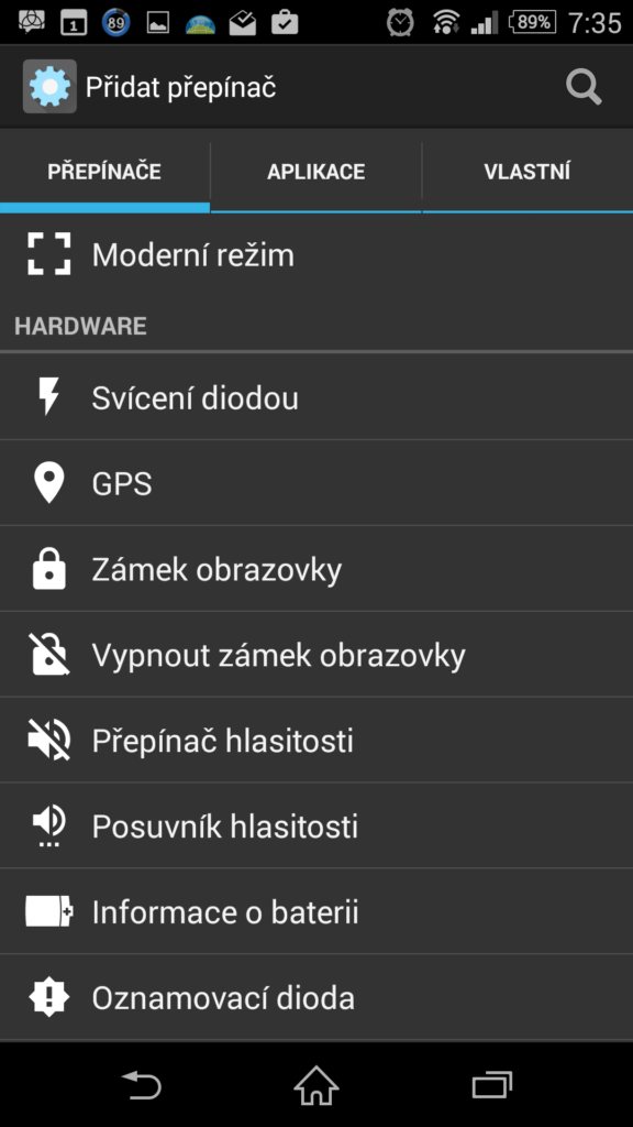 Nabídka možných přepínačů