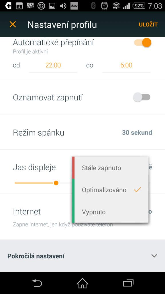 Možnosti nastavení profilu