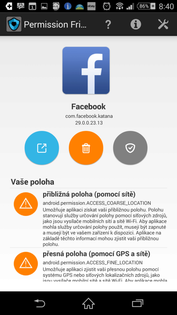 Detaily aplikace Facebook