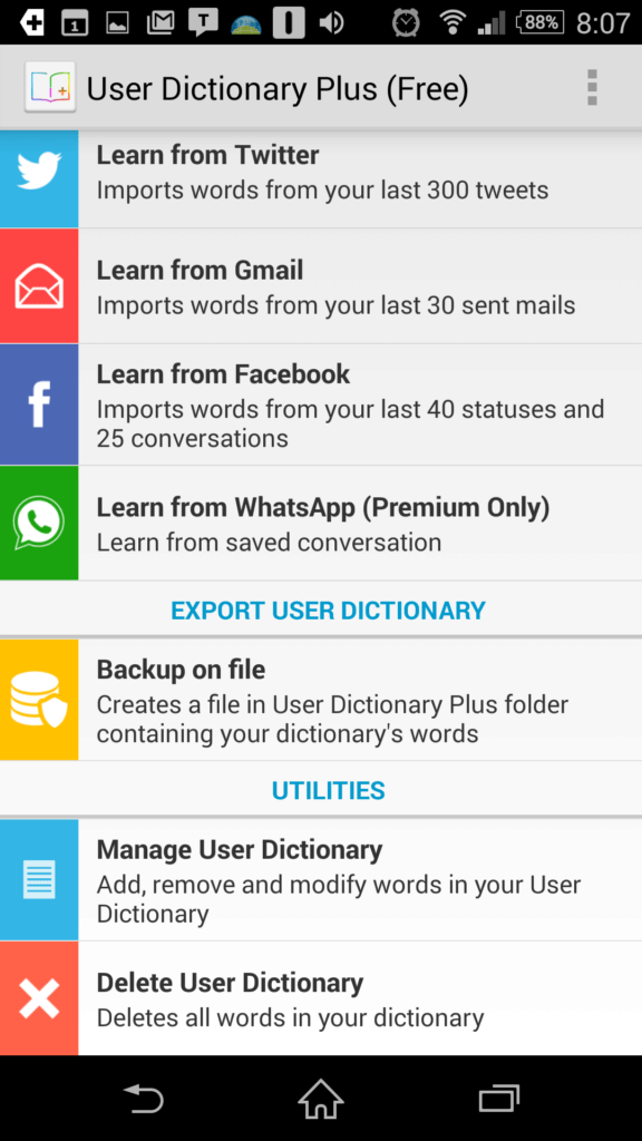 Rozhraní aplikace User Dictionary Plus