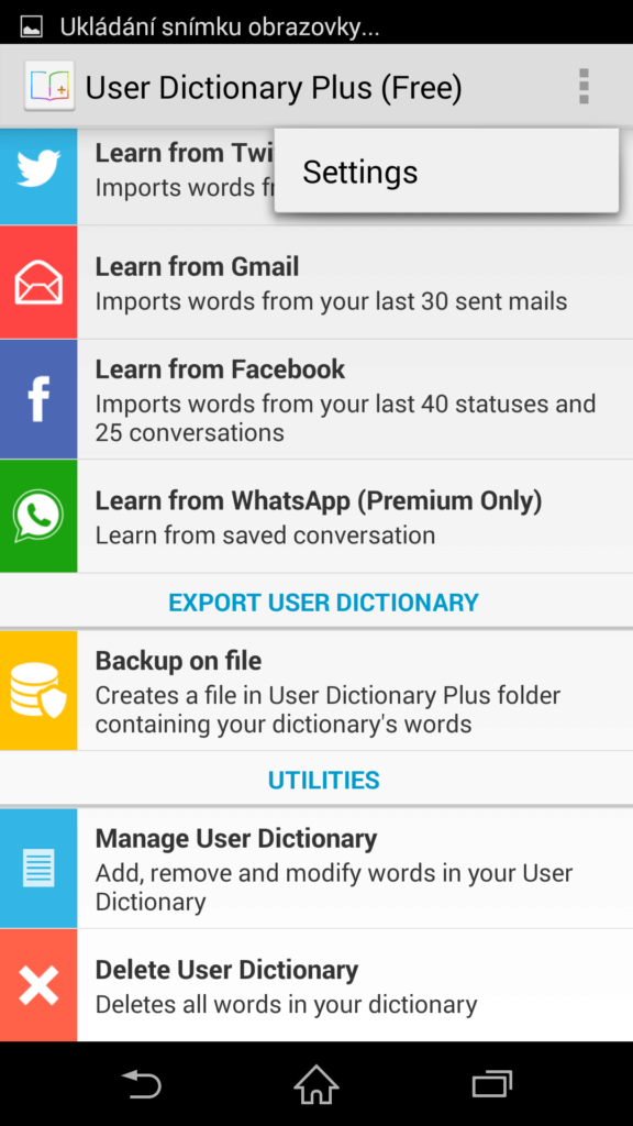 Rozhraní aplikace User Dictionary Plus
