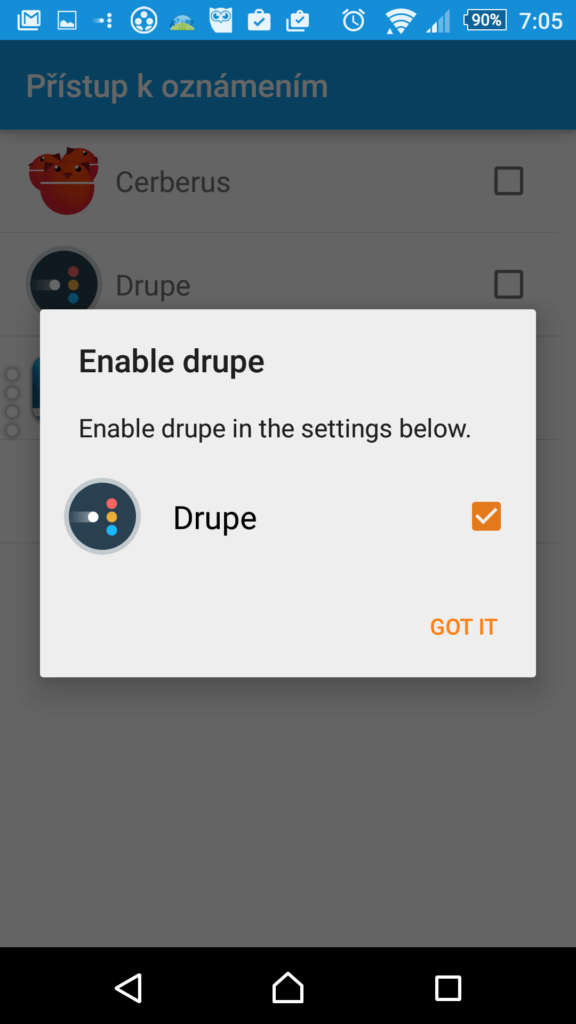 drupe žádá přístup k oznámením
