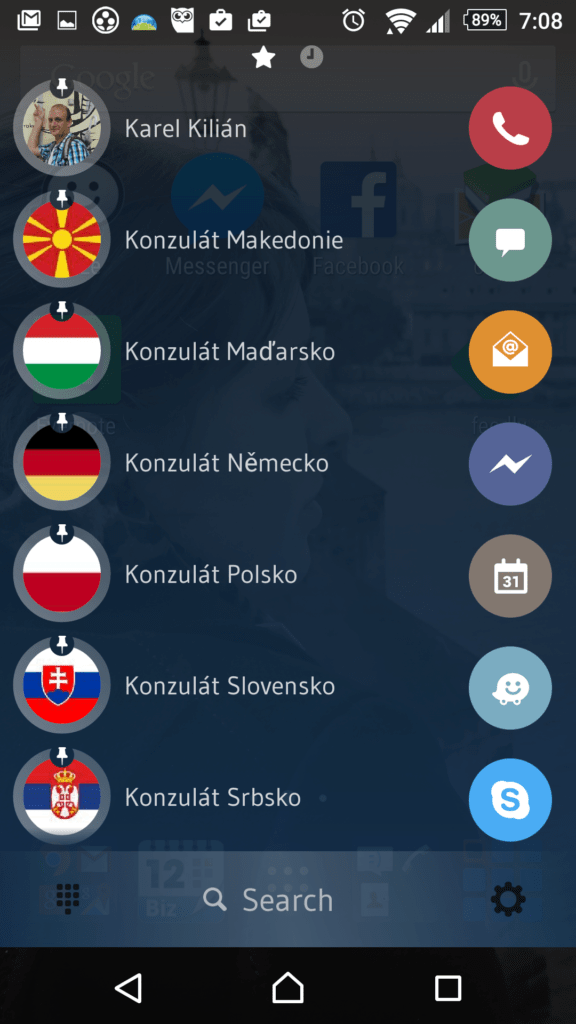 Seznam kontaktů a aplikací