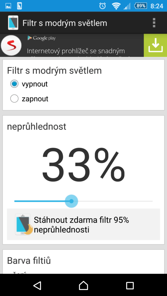 Uživatelské rozhraní aplikace Bluelight Filter for Eye Care