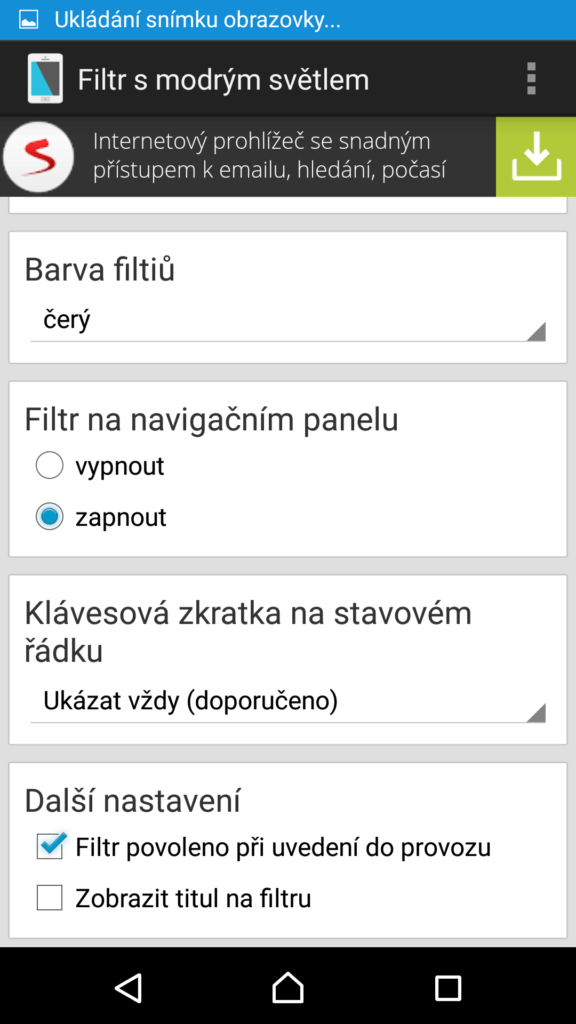 Uživatelské rozhraní aplikace Bluelight Filter for Eye Care