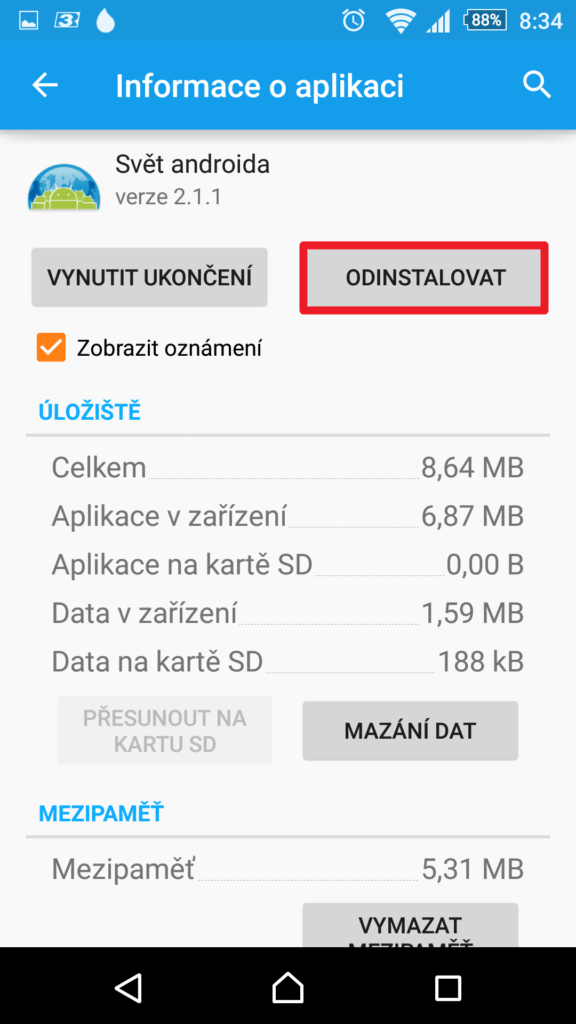 Tlačítko pro odinstalaci programu
