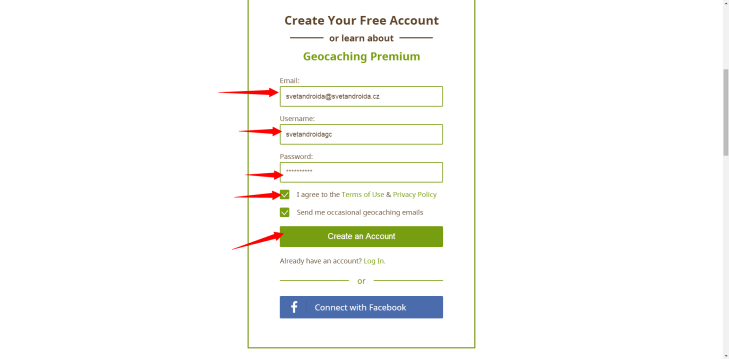 Založení účtu na webu Geocaching.com