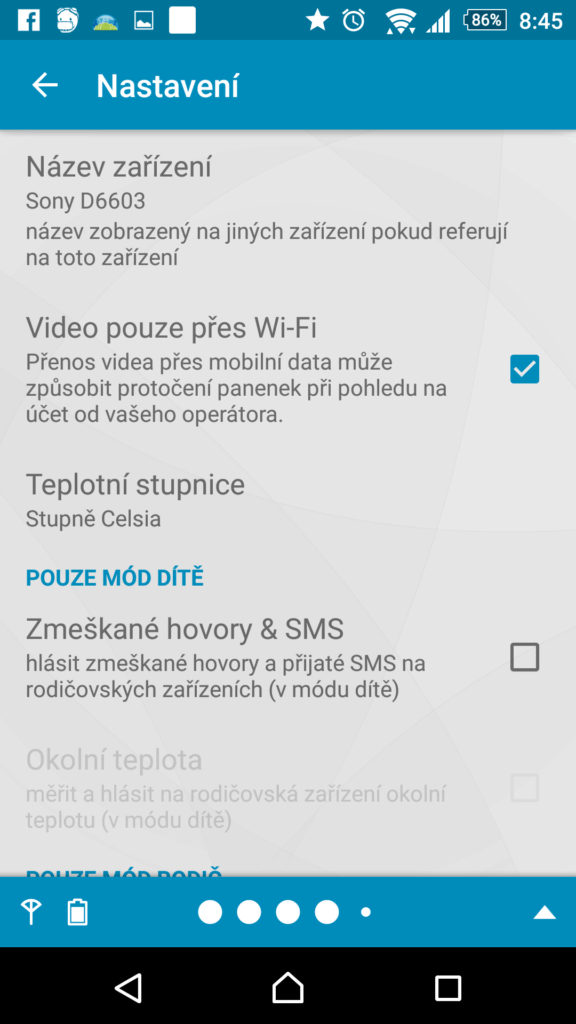Možnosti nastavení aplikace Dormi