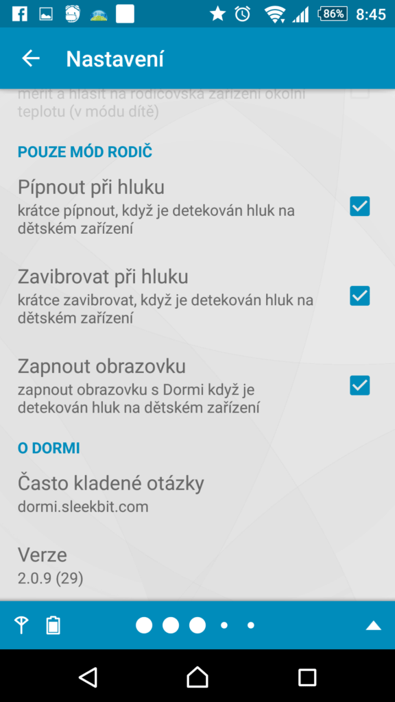 Možnosti nastavení aplikace Dormi