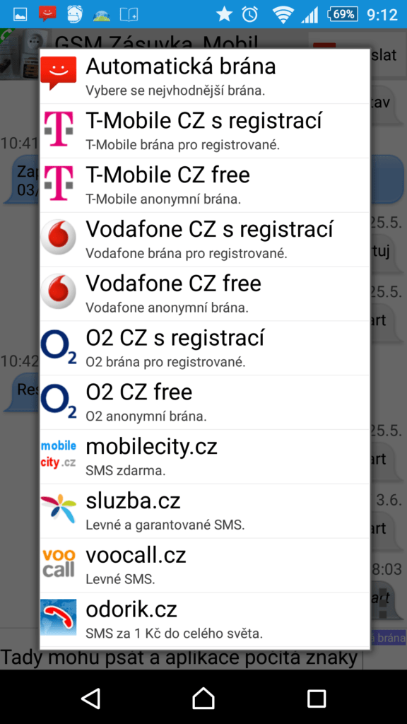 Výběr SMS brány