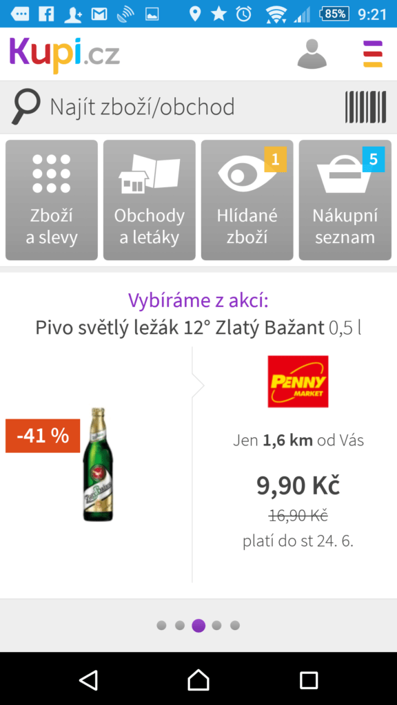 Rozhraní aplikace Kupi.cz