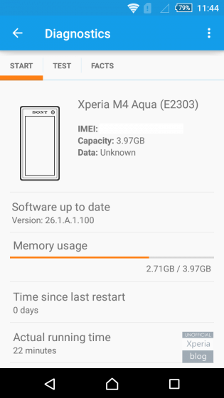V Xperii M4 Aqua je méně než 1,3 GB využitelného místa