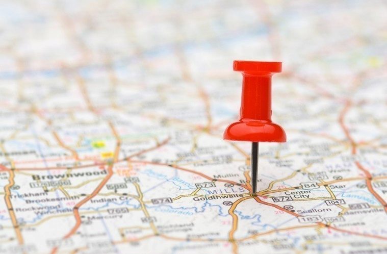 Pushpin marking location on map Pushpin marking location on map