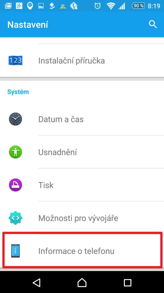 Sekce Informace o telefonu