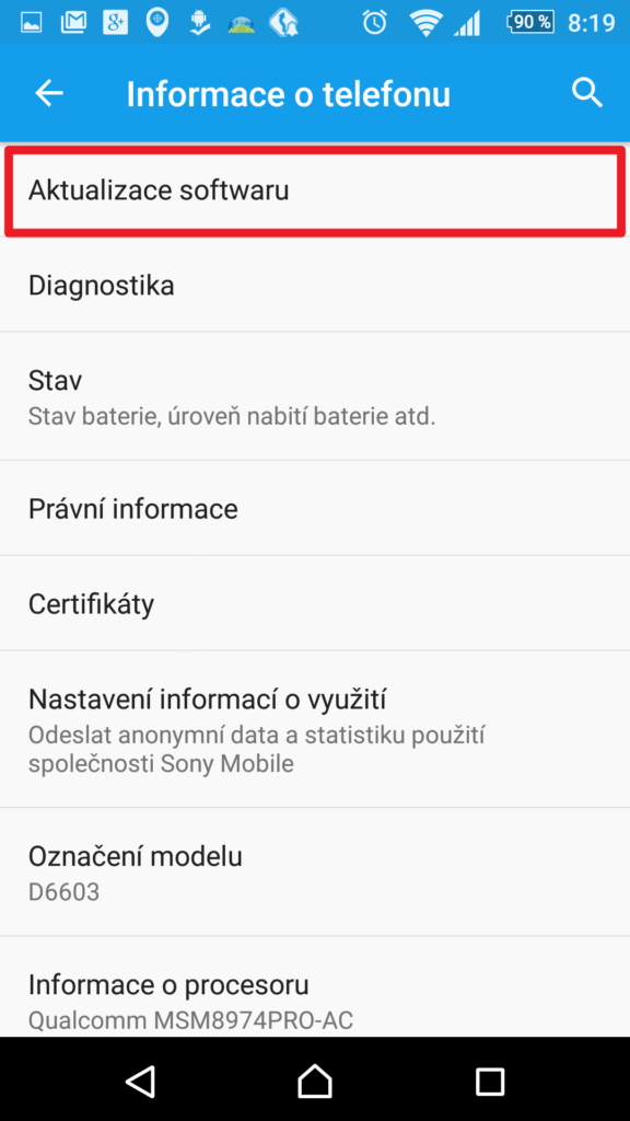 Sekce Aktualizace softwaru