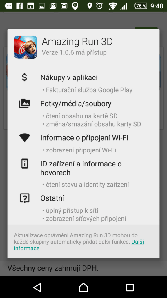 Seznam požadovaných oprávnění