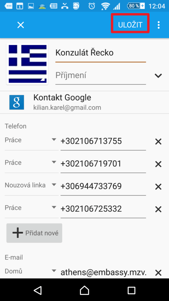 Provedené změny kontaktu pak uložte