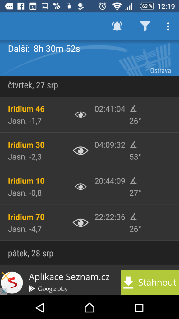Informace o záblescích družic Iridium