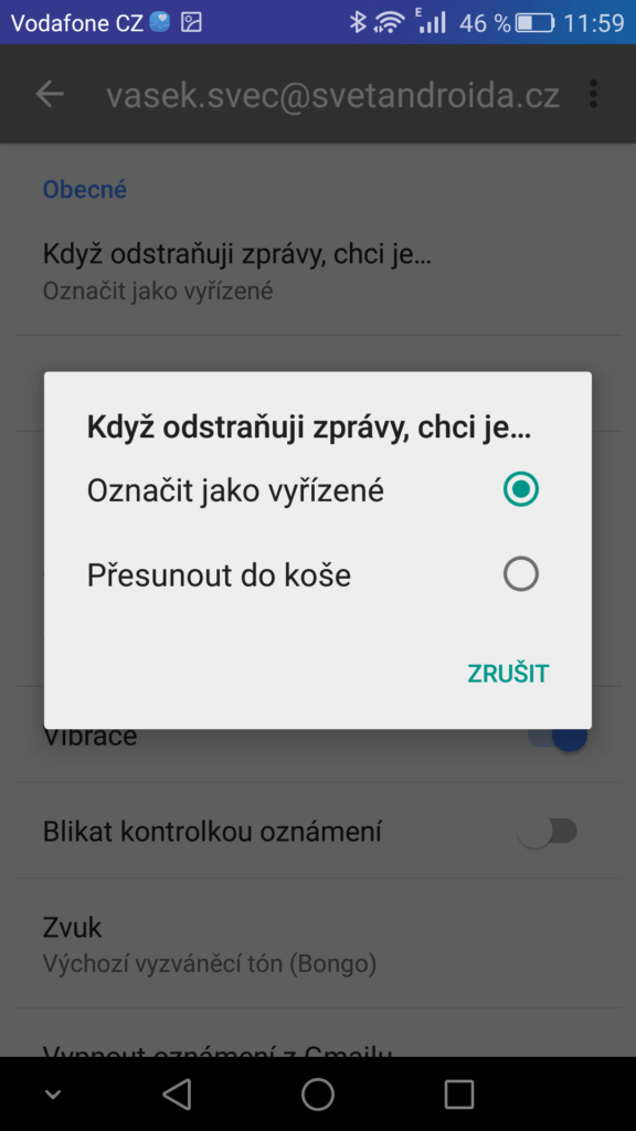 Inbox nastavení odstranění