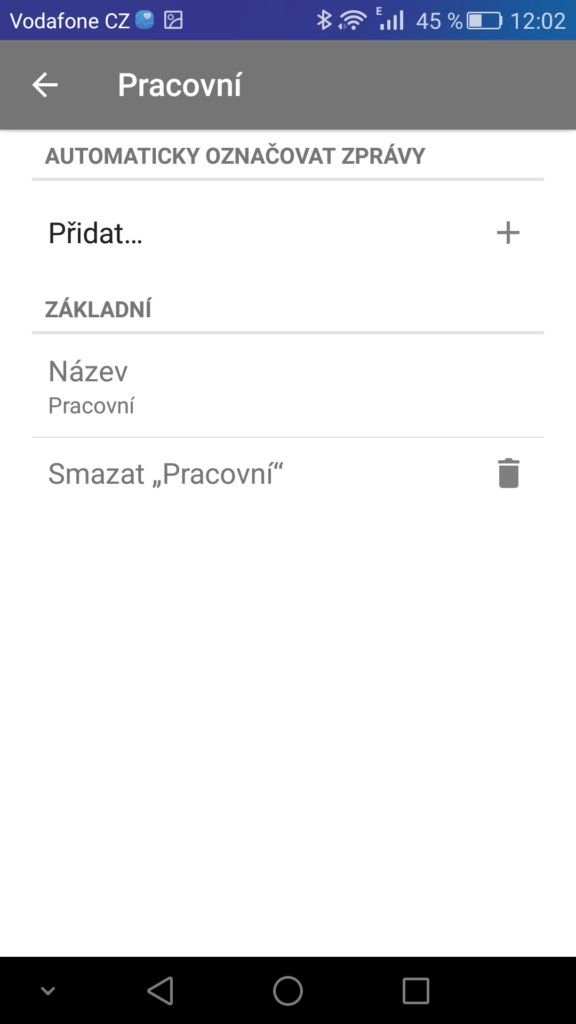 Inbox nastavení přidaného štítku