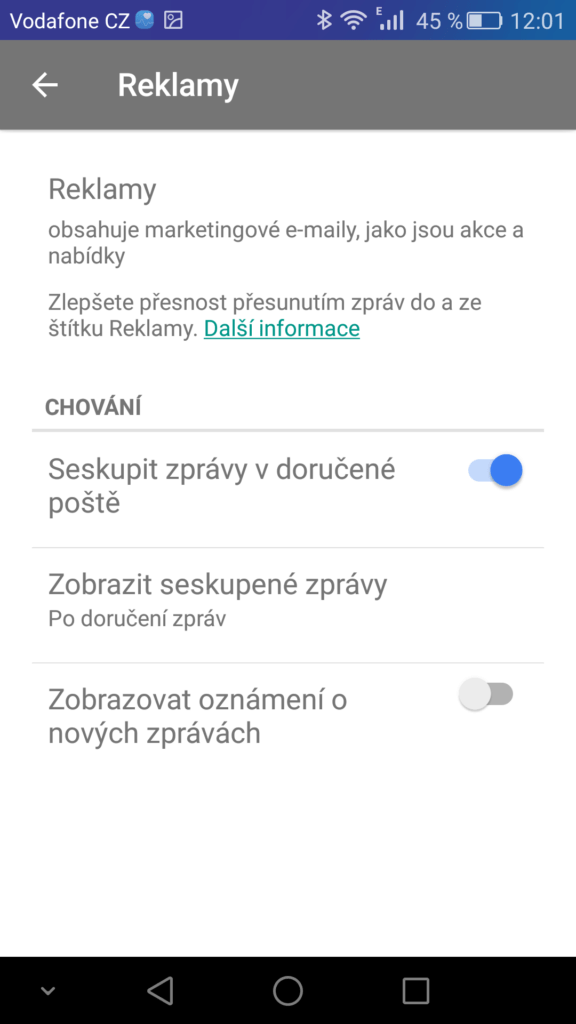 Inbox nastavení seskupené kategorie