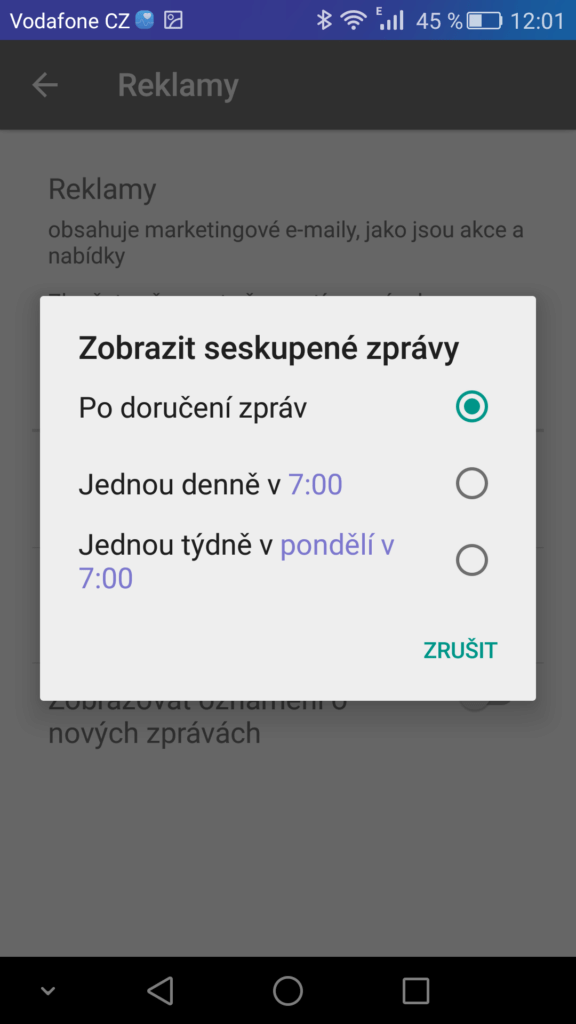 Inbox nastavení zobrazení kategorie
