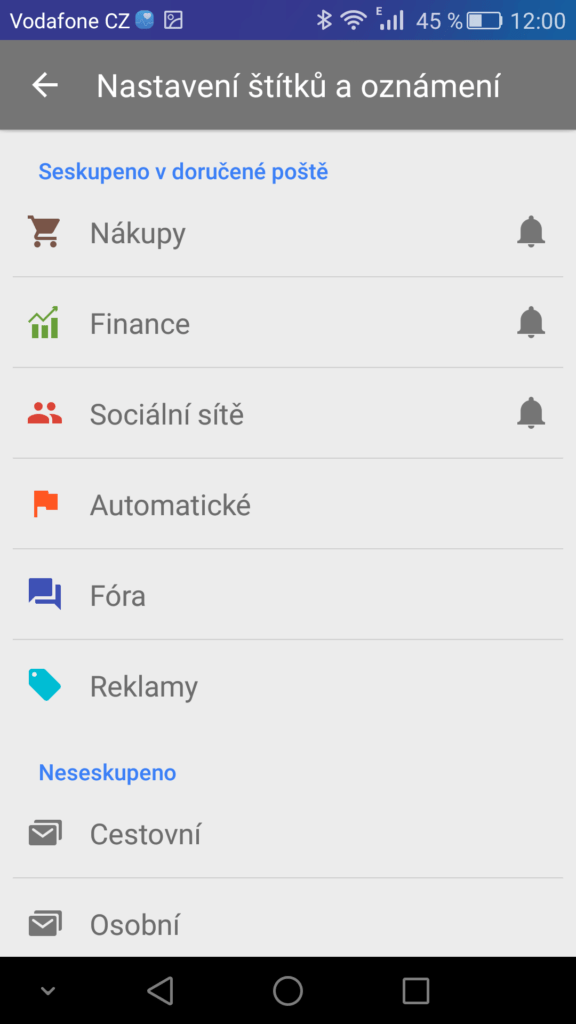 Inbox nastavení štítků