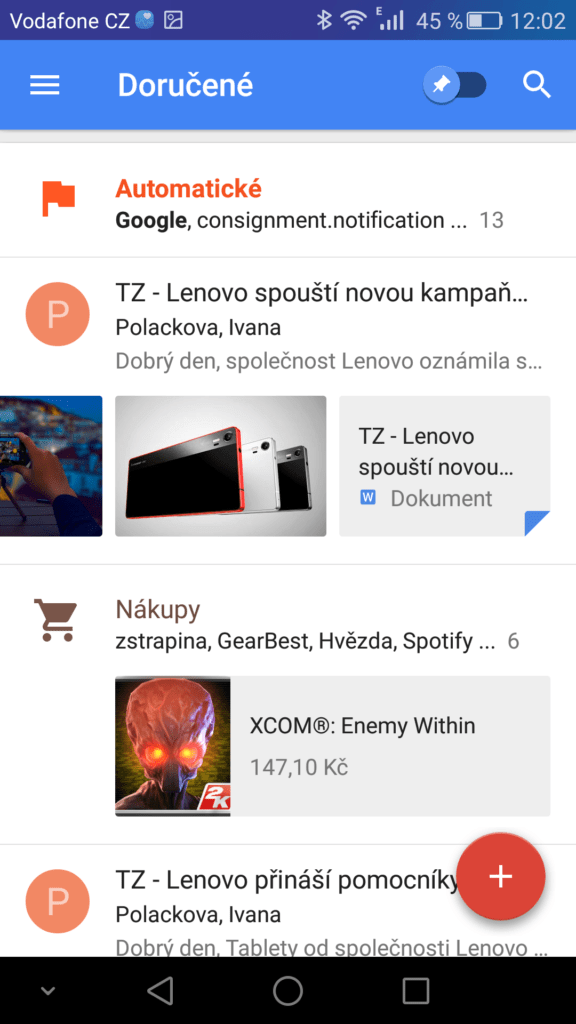Inbox základní obrazovka 2