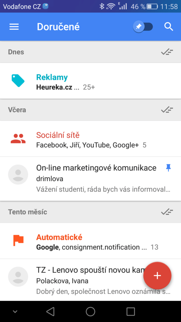 Inbox zíkladní obrazovka
