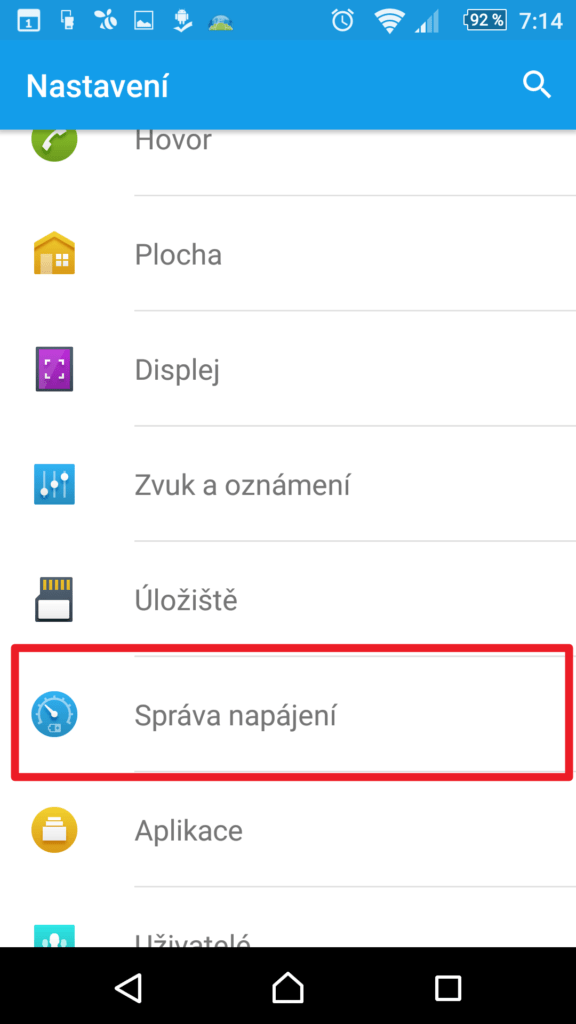 Sekce Správa napájení
