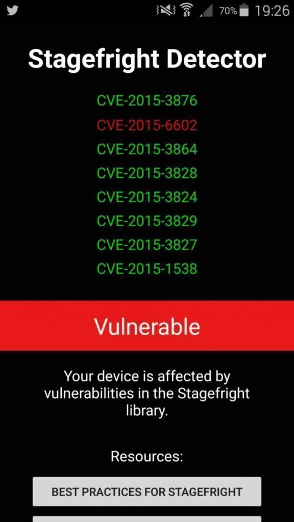 Poslední aktualizace zamezuje téměř všem způsobům útoku, kromě nedávno objevené díry CVE-2015-6602, označované také jako Stagefright 2.0, která byla publikována 1. října Poslední aktualizace zamezuje téměř všem způsobům útoku, kromě nedávno objevené díry CVE-2015-6602, označované také jako Stagefright 2.0, která byla publikována 1. října