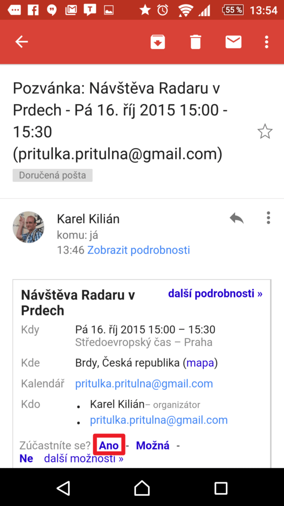 Přijetí pozvánky z mobilní aplikace
