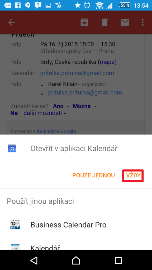 Přijetí pozvánky z mobilní aplikace