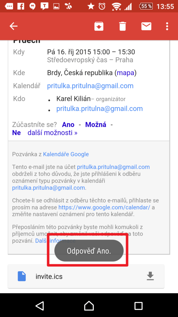 Přijetí pozvánky z mobilní aplikace